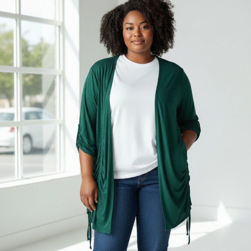 Market & Spruce Plus Size Green Ruched Rayon Cardigan Size 2X - Picture 2 of 7